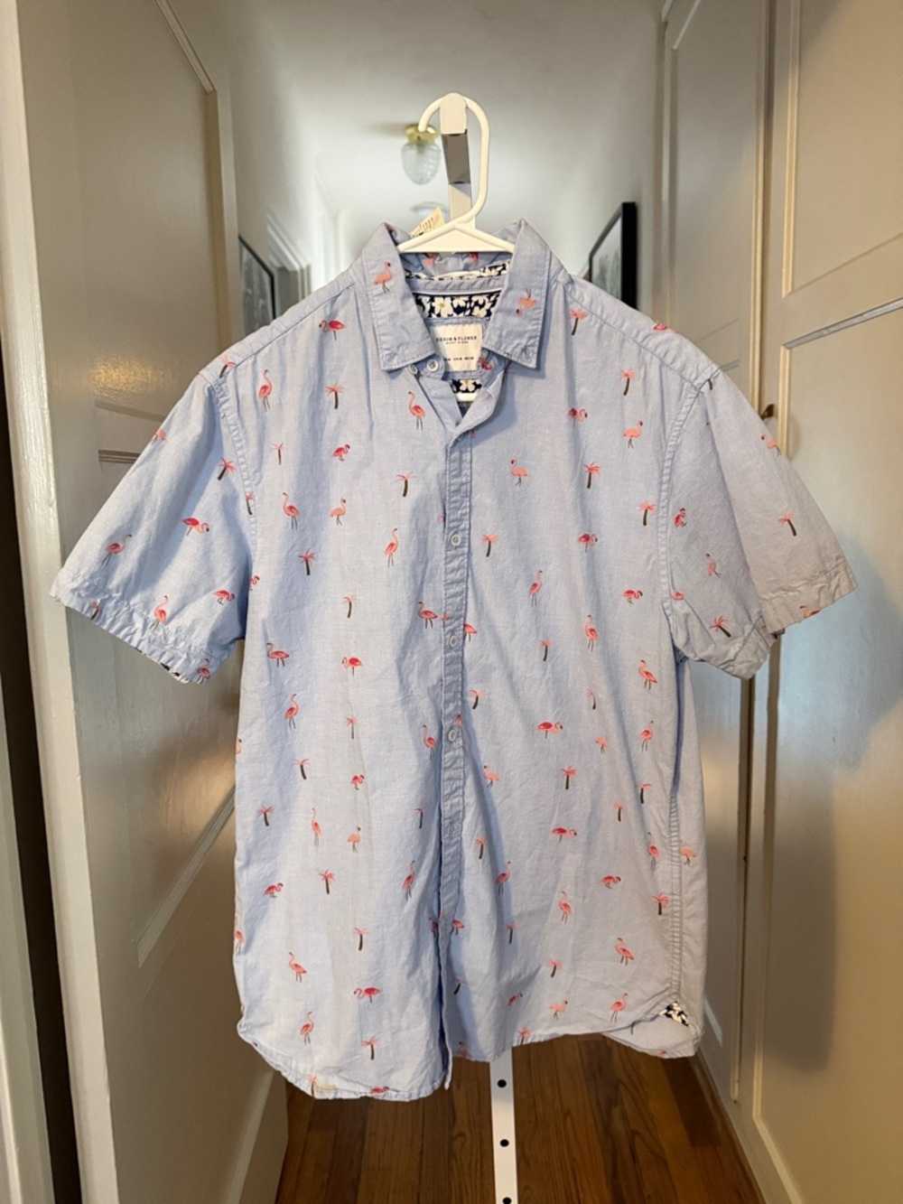 Denim & Flower Light Blue Short-Sleeve Shirt with Pink Flamingo Embroidery